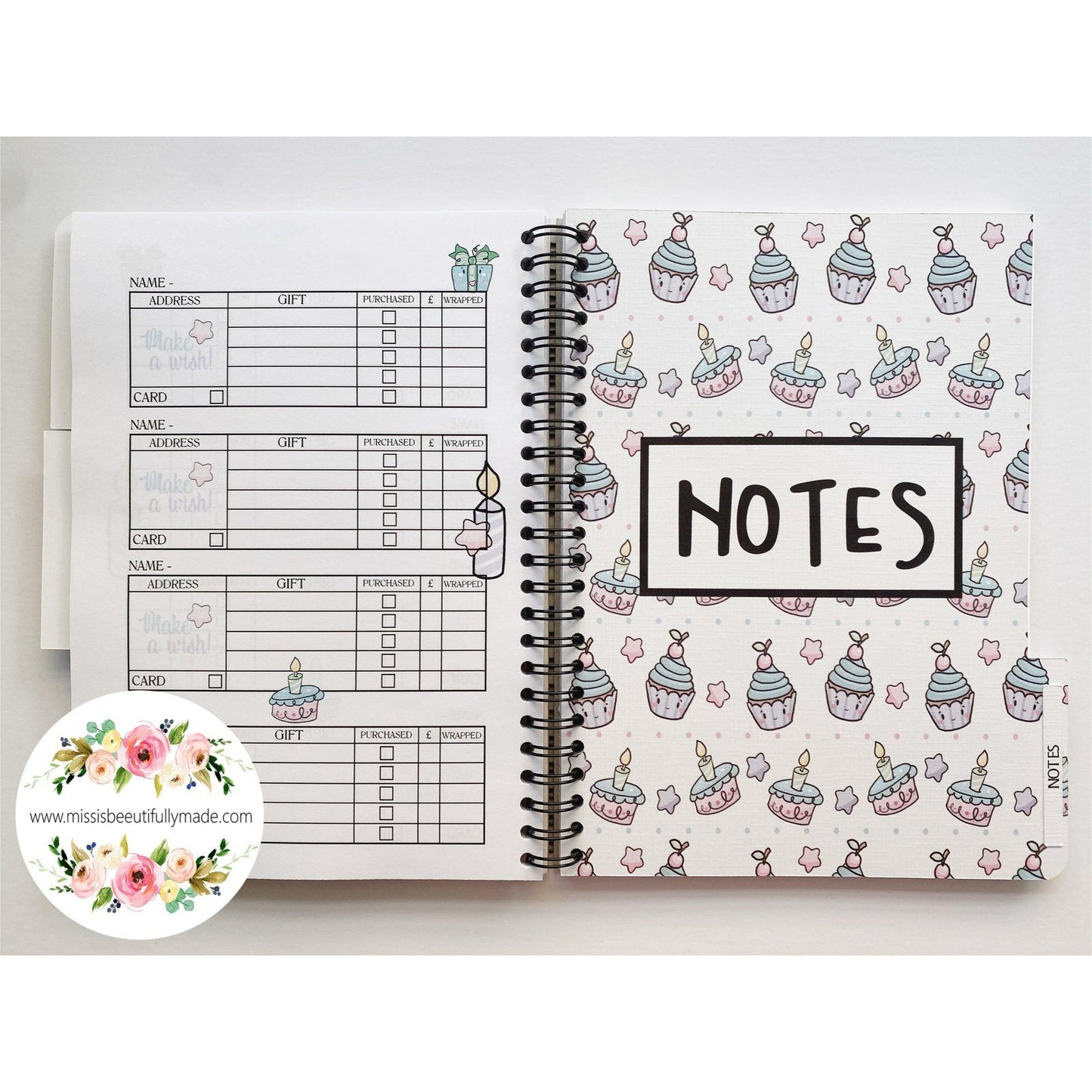 Handmade birthday planner book, high quality papers & embellishments. Cute kawaii design, light pastel rainbow colours and gold glitters. Contains pages for keeping track of upcoming birthdays, gift tracker pages, a folder for storing cards.