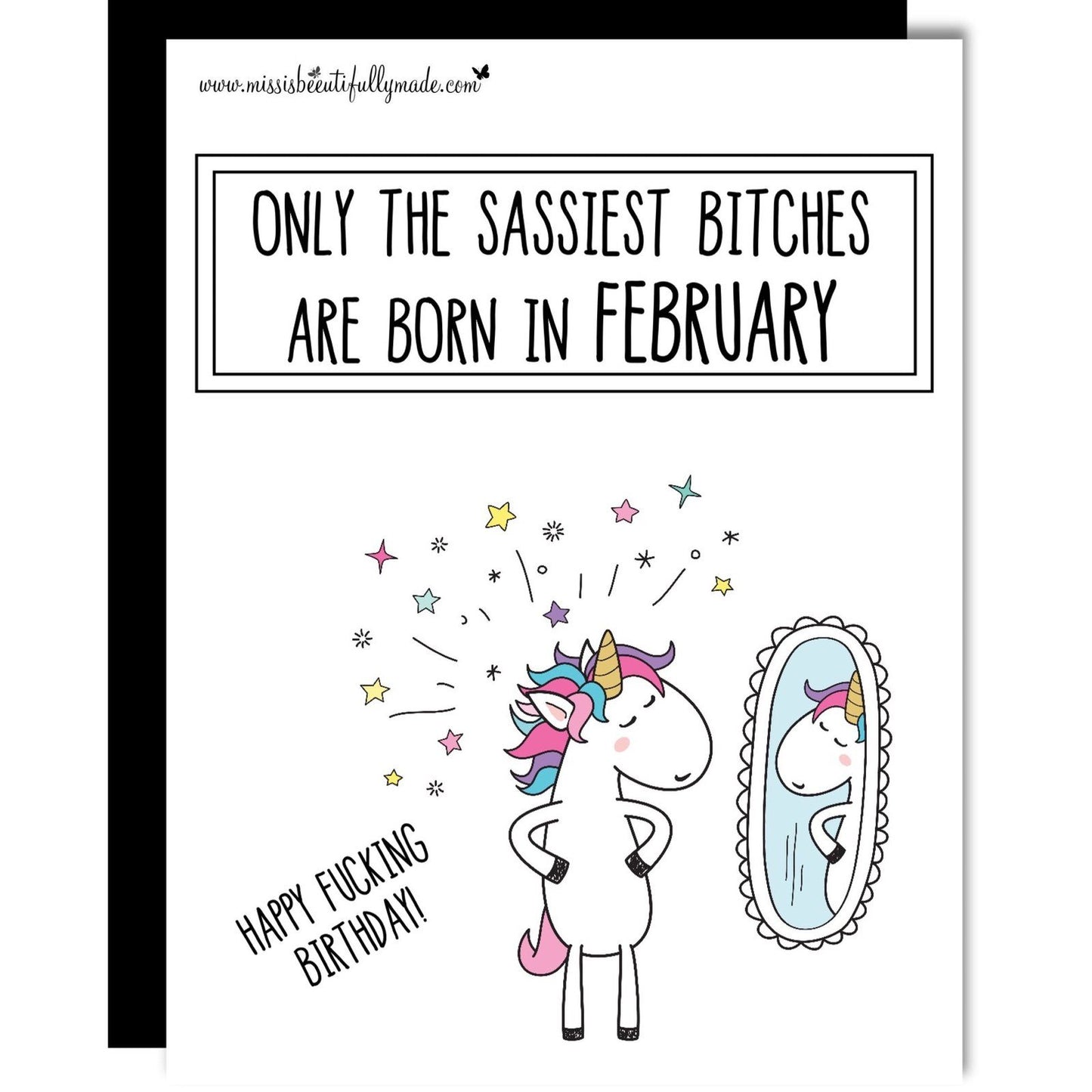 Funny unicorn Birthday card personalised with the recipients birth month, size A6, white glossy finish, Happy fucking Birthday. 
