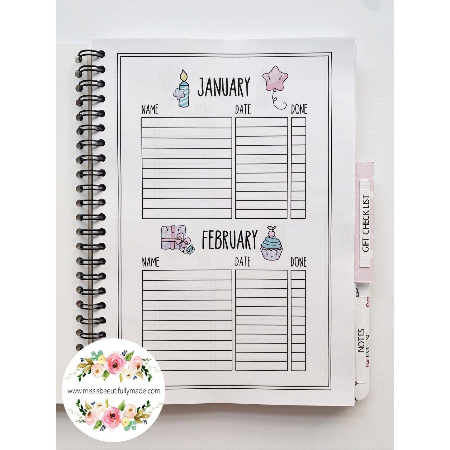 Handmade birthday planner book, high quality papers & embellishments. Cute kawaii design, light pastel rainbow colours and gold glitters. Contains pages for keeping track of upcoming birthdays, gift tracker pages, a folder for storing cards.