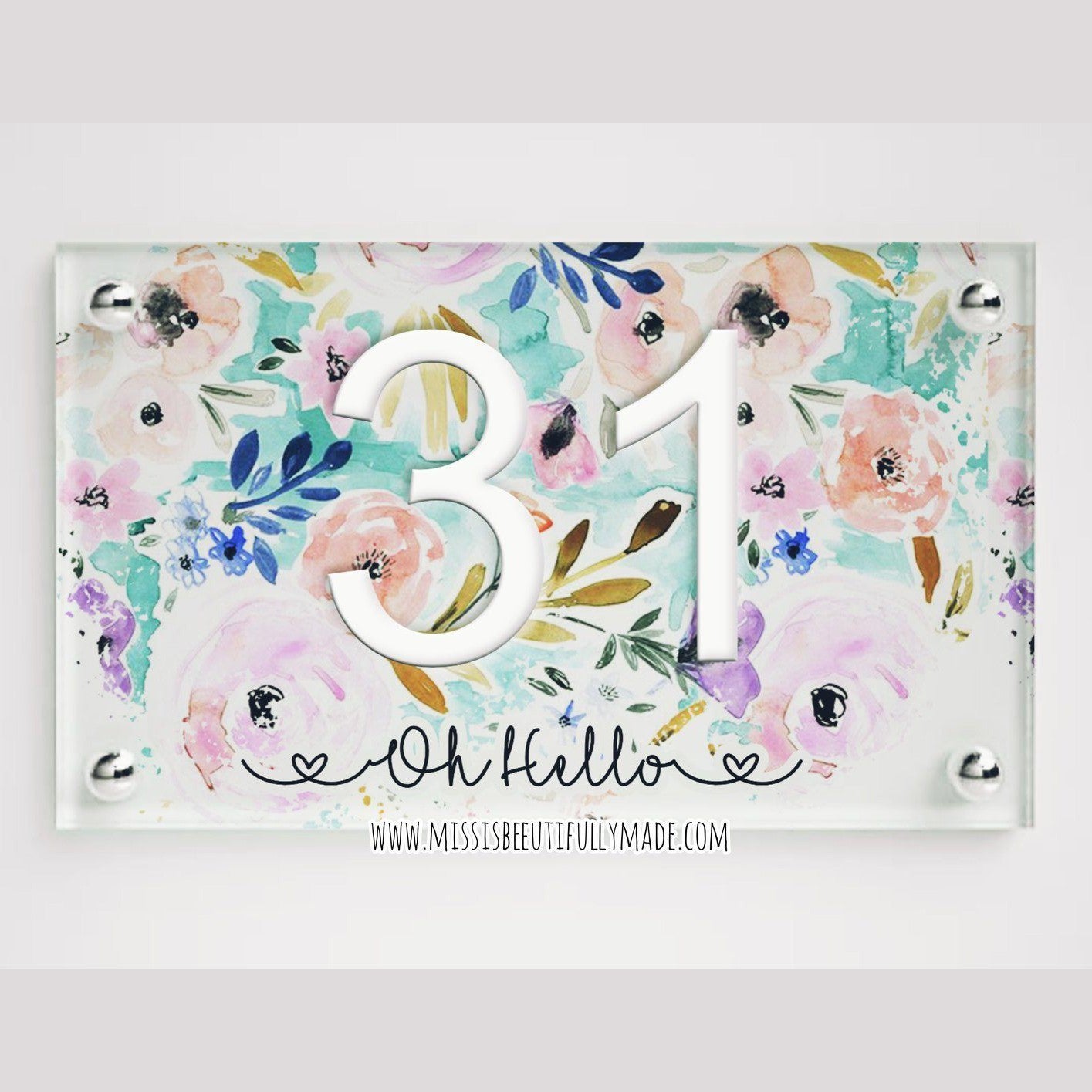 Metal Door Sign - Oh Hello (Mint floral design)