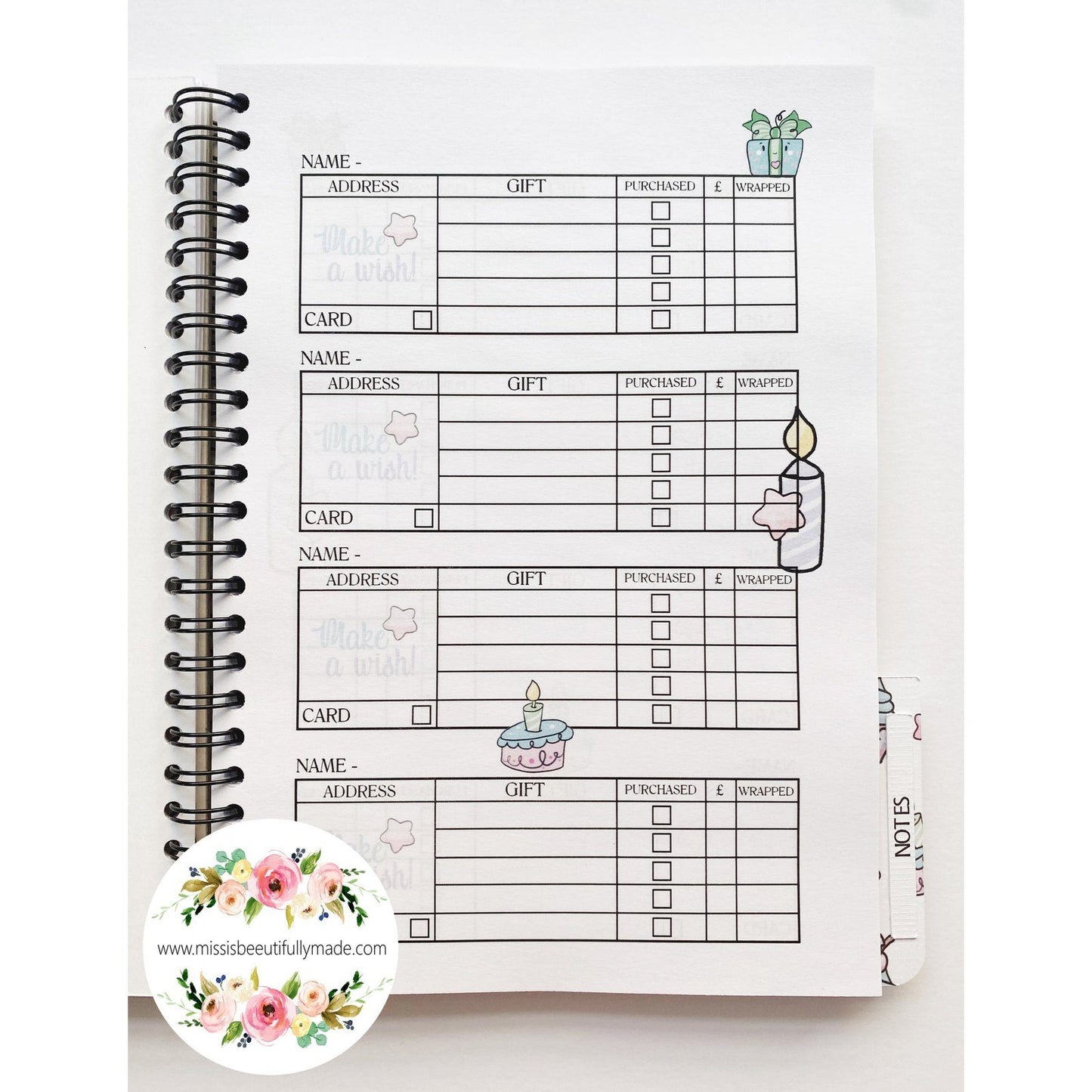 Handmade birthday planner book, high quality papers & embellishments. Cute kawaii design, light pastel rainbow colours and gold glitters. Contains pages for keeping track of upcoming birthdays, gift tracker pages, a folder for storing cards.