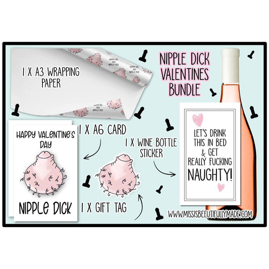 A valentine's gift bundle containing gift wrap, greetings card, gift tag & wine bottle label. They all have matching designs of a funny hand drawn penis & the quote ' happy Valentine's day nipple dick. 