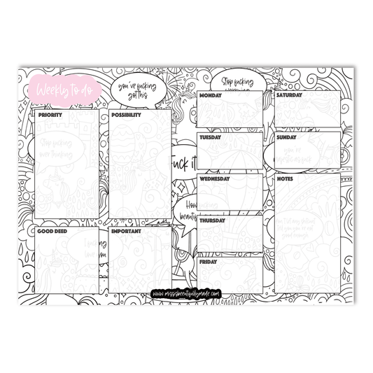 A4 Weekly To Do Notepad with 50 tearaway pages. Each page has the same unicorn design which acts as a colouring page. There are multiple sections including priority, possibility, good deed, important, notes and also weekday sections. 