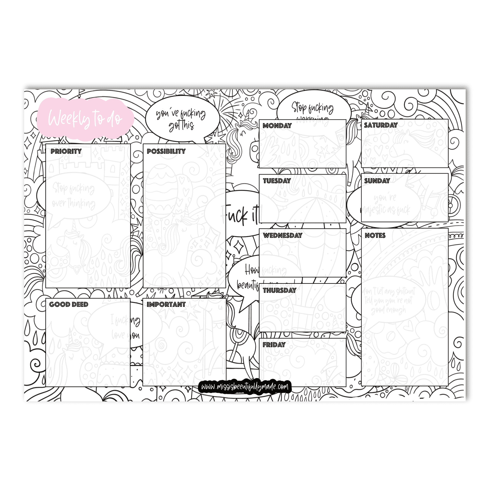 A4 Weekly To Do Notepad with 50 tearaway pages. Each page has the same unicorn design which acts as a colouring page. There are multiple sections including priority, possibility, good deed, important, notes and also weekday sections. 