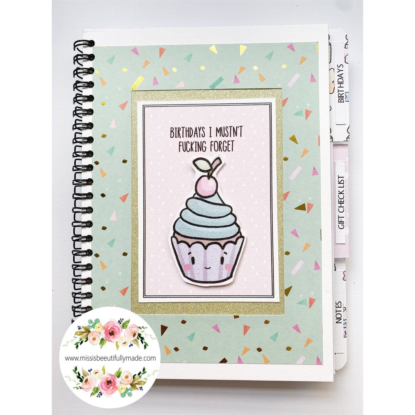 Handmade birthday planner book, high quality papers & embellishments. Cute kawaii design, light pastel rainbow colours and gold glitters. Contains pages for keeping track of upcoming birthdays, gift tracker pages, a folder for storing cards.