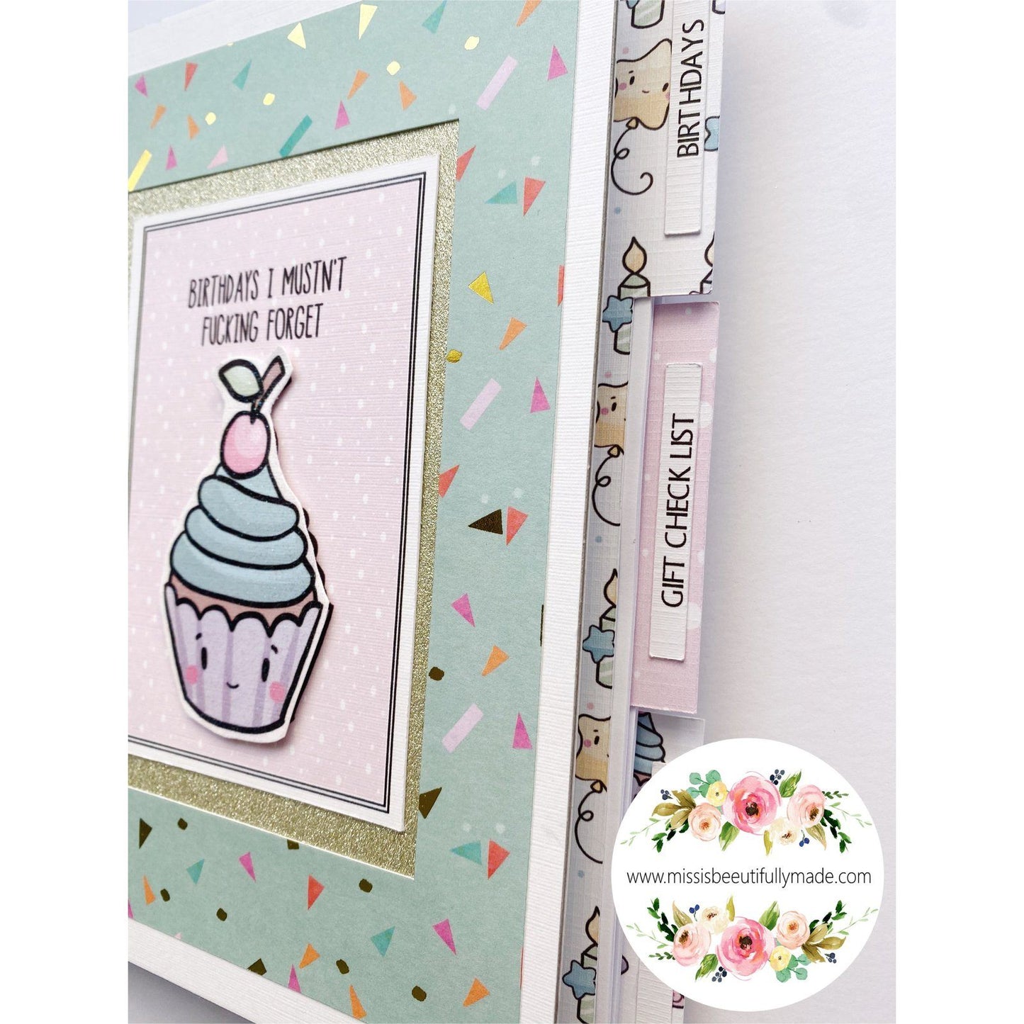 Handmade birthday planner book, high quality papers & embellishments. Cute kawaii design, light pastel rainbow colours and gold glitters. Contains pages for keeping track of upcoming birthdays, gift tracker pages, a folder for storing cards.