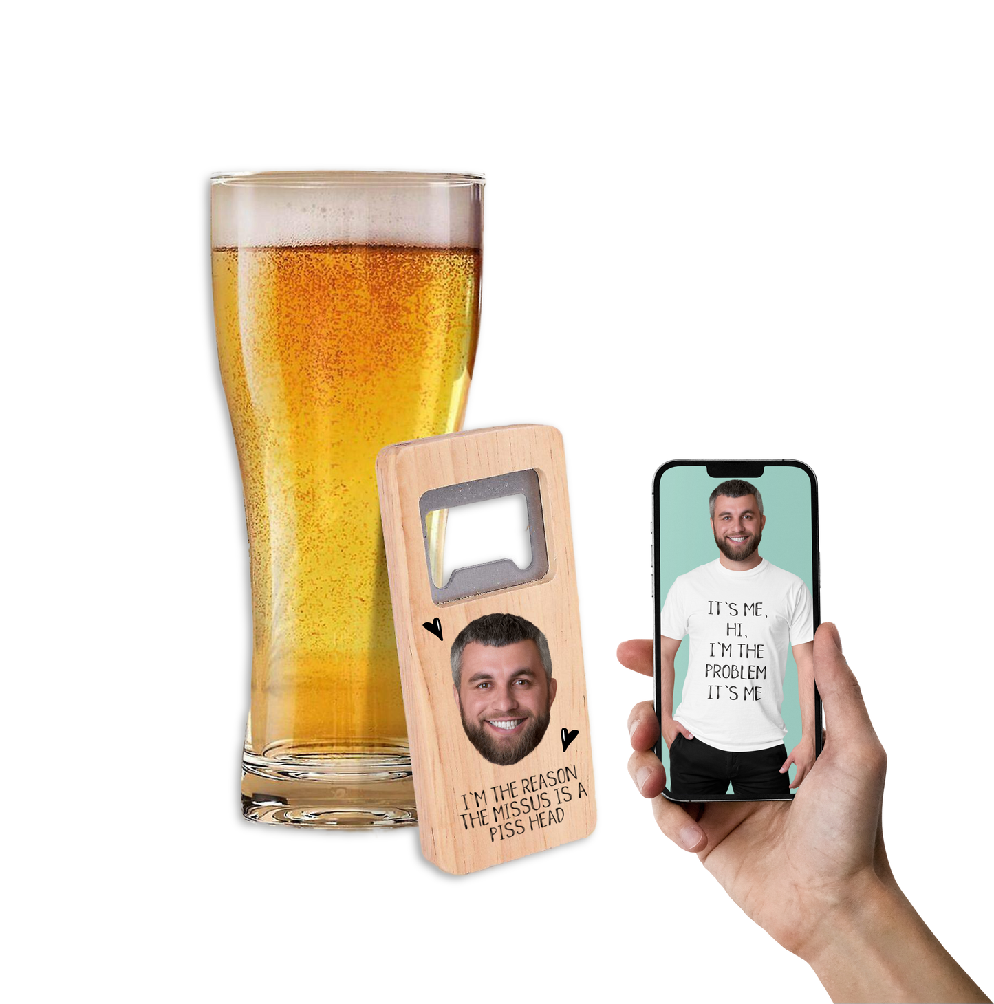 A 10cm wooden rectangle handle with a personalised photo printed to the front. Under the photo it has a funny quote 'let's crack open a bottle & celebrate you being the biggest c*nt in the universe'. To the top is a durable stainless steel opener.
