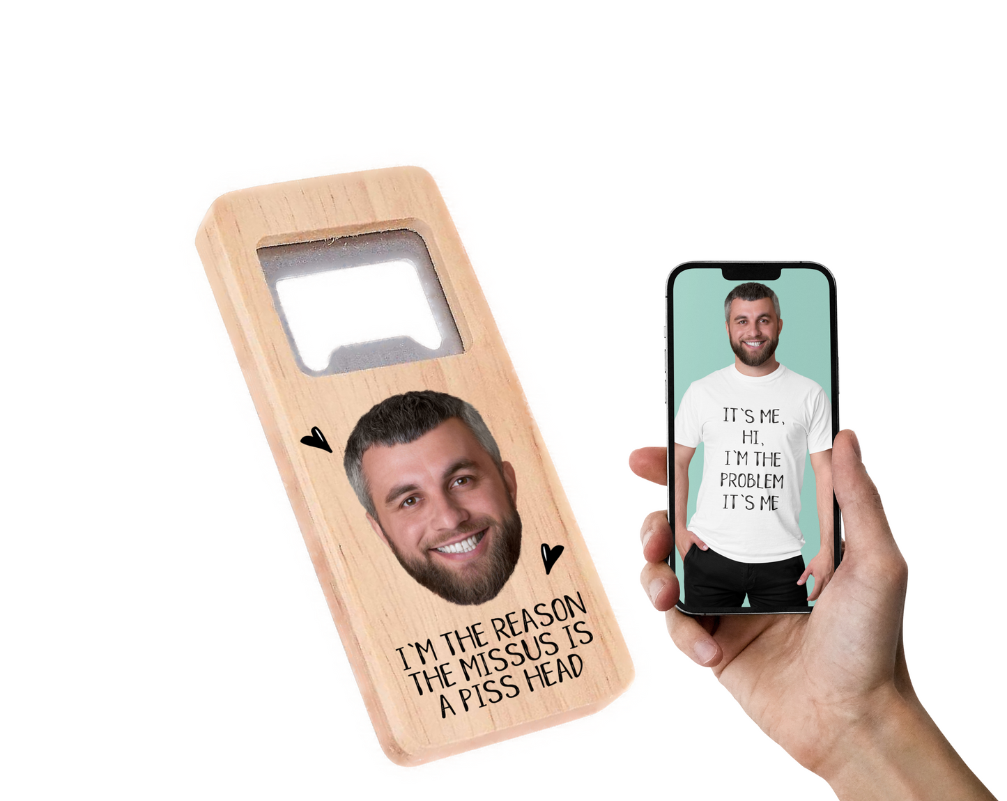 A 10cm wooden rectangle handle with a personalised photo printed to the front. Under the photo it has a funny quote 'let's crack open a bottle & celebrate you being the biggest c*nt in the universe'. To the top is a durable stainless steel opener.