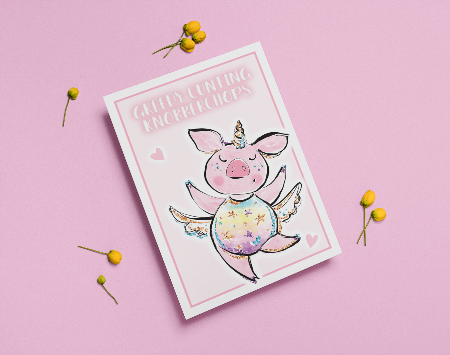 A5 food diary with daily food log pages containing sections for snacks, exercise & water intake. The cover features a fun pink design with a unicorn pig & a quote to the top which reads 'greedy cunting knobberchops'. 