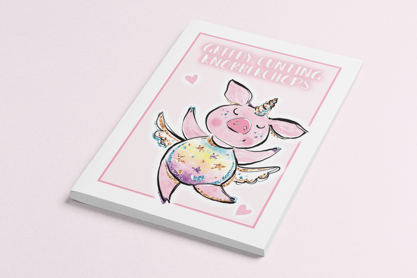 A5 food diary with daily food log pages containing sections for snacks, exercise & water intake. The cover features a fun pink design with a unicorn pig & a quote to the top which reads 'greedy cunting knobberchops'. 