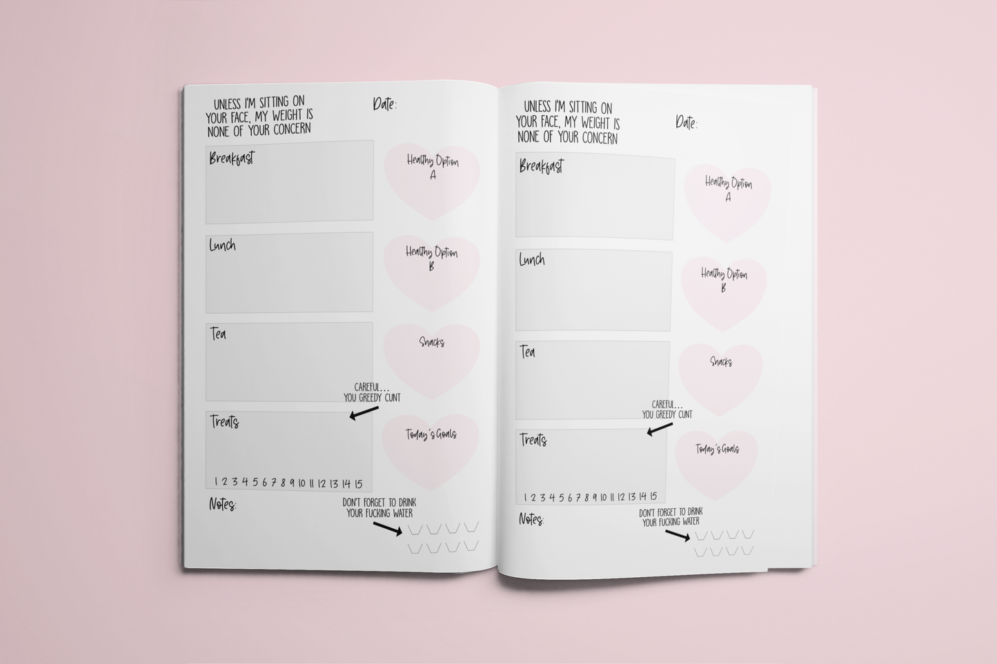 A5 food diary with daily food log pages containing sections for snacks, exercise & water intake. The cover features a fun pink design with a unicorn pig & a quote to the top which reads 'greedy cunting knobberchops'. 