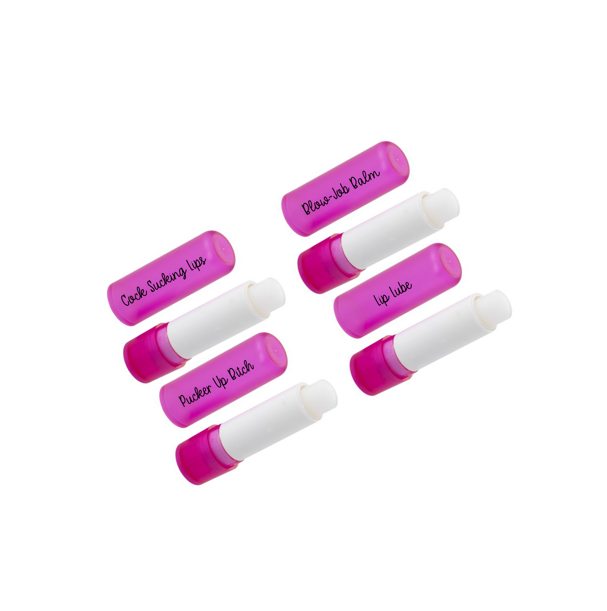 4 pink stick lip balms with the quotes 'cock sucking lips', blow-job lips', 'pucker up bitch' and 'lip lube' printed to the front in black ink.