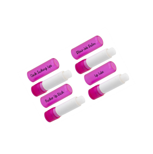 4 pink stick lip balms with the quotes 'cock sucking lips', blow-job lips', 'pucker up bitch' and 'lip lube' printed to the front in black ink.