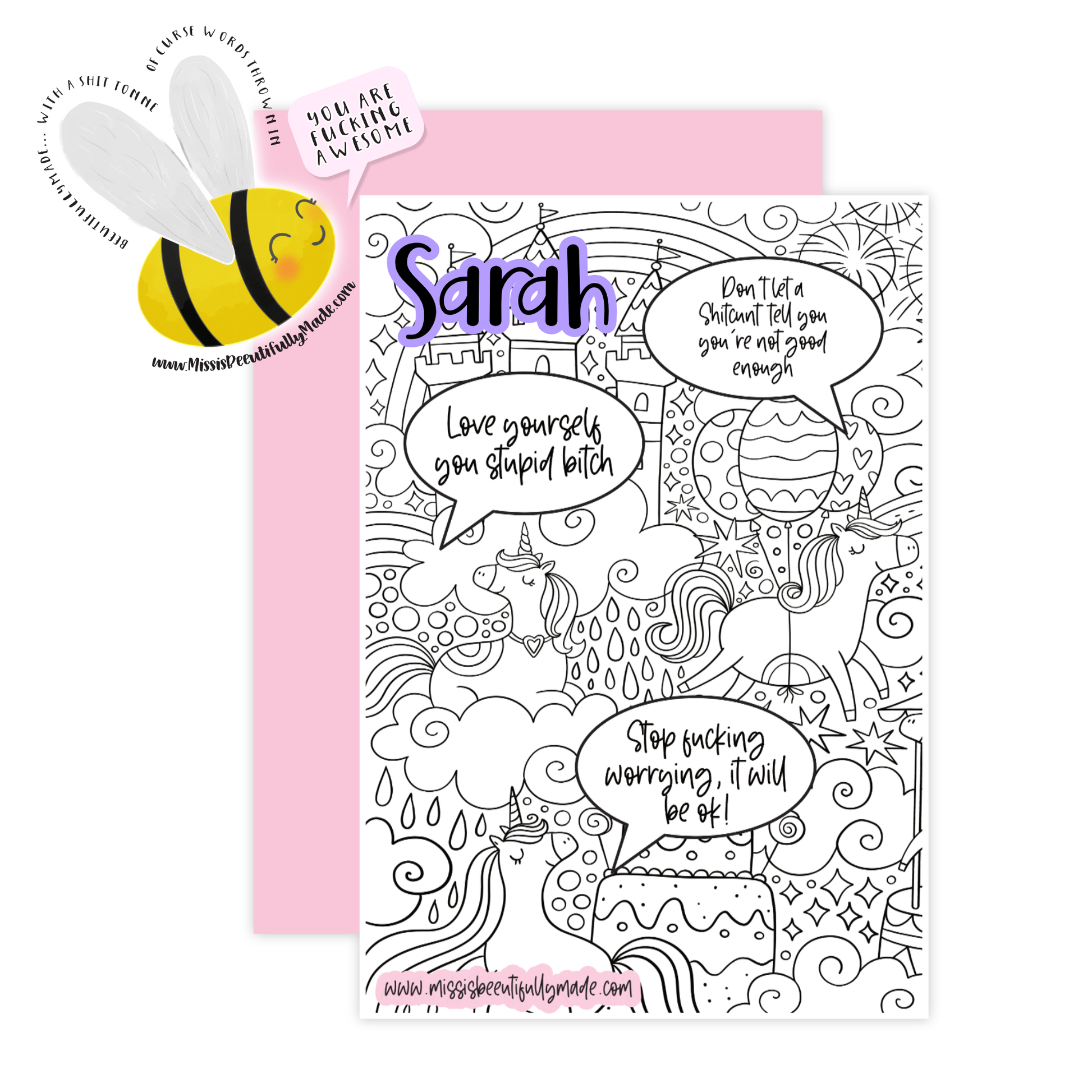 Funny greetings card with a unicorn drawing design. Each unicorn has speech bubbles that can be personalised to suit. A name can also be added to the card. Blank inside, supplied with white self seal envelope.