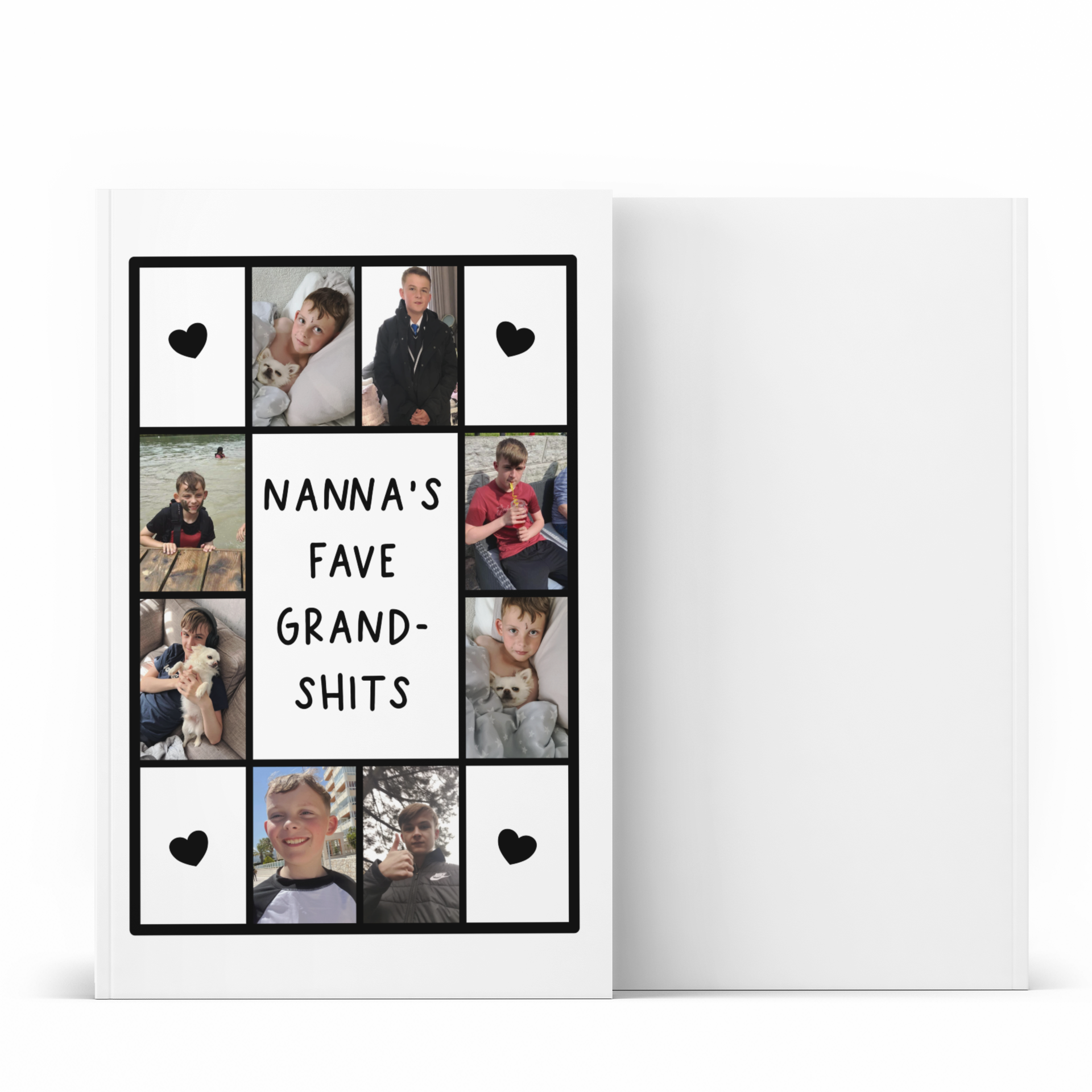 Square panel notebook featuring personalised photos around the edge & a quote to the centre which reads 'nanna's little shits'.