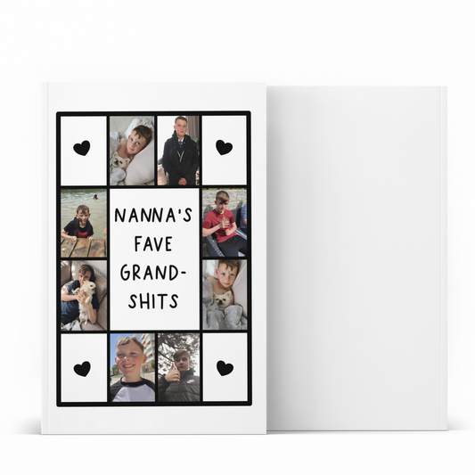 Square panel notebook featuring personalised photos around the edge & a quote to the centre which reads 'nanna's little shits'.