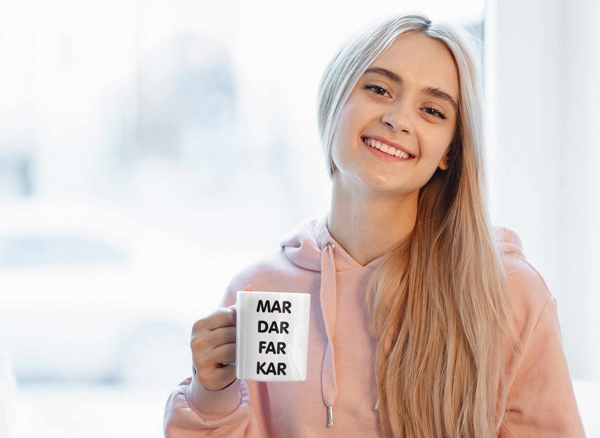 White mug featuring a bold quote to the middle which reads mar dar far kar. Printed in black ink.