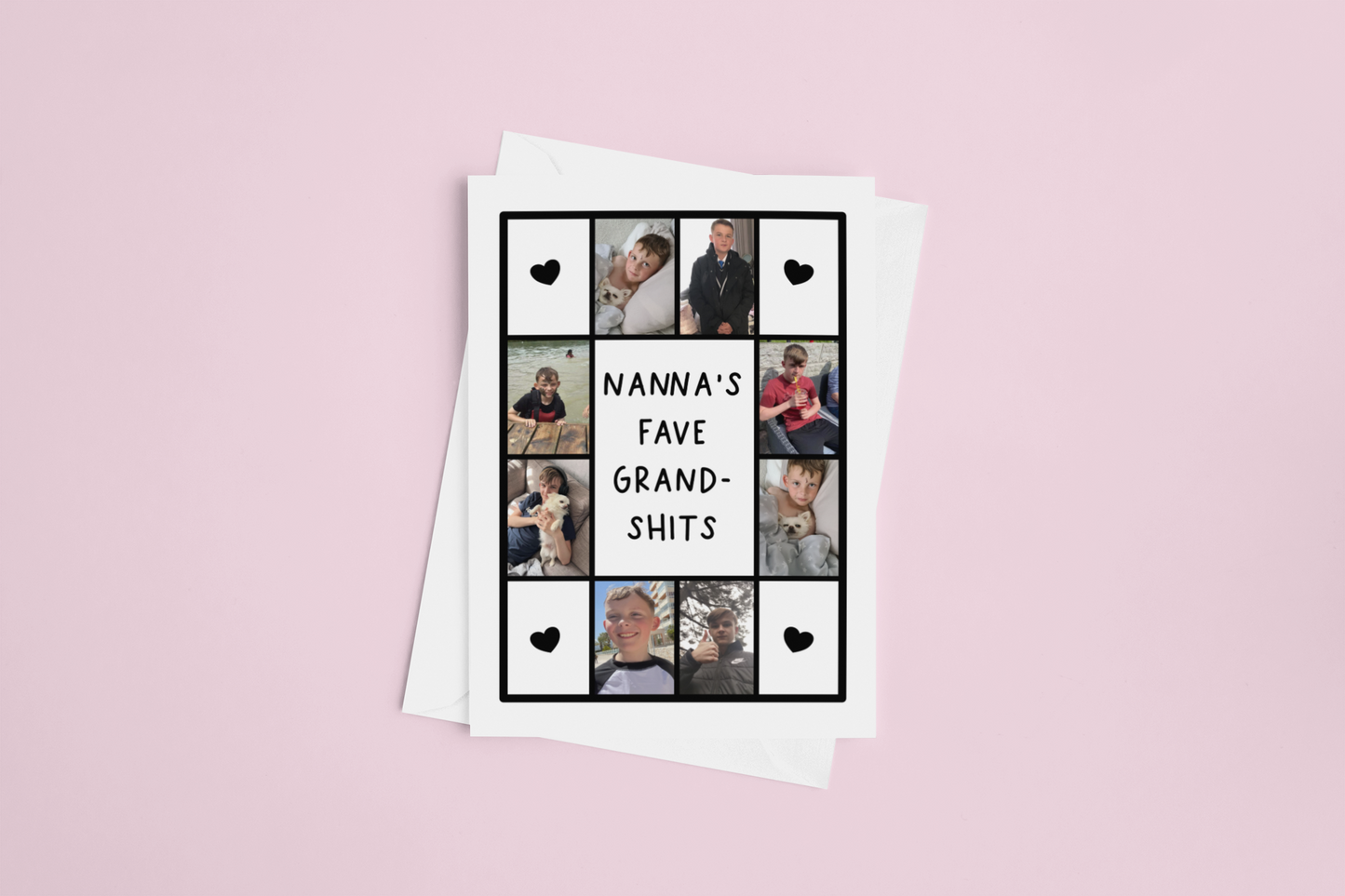 Square panel greetings card featuring personalised photos around the edge & a quote to the centre which reads 'nanna's fave grand-shits'.