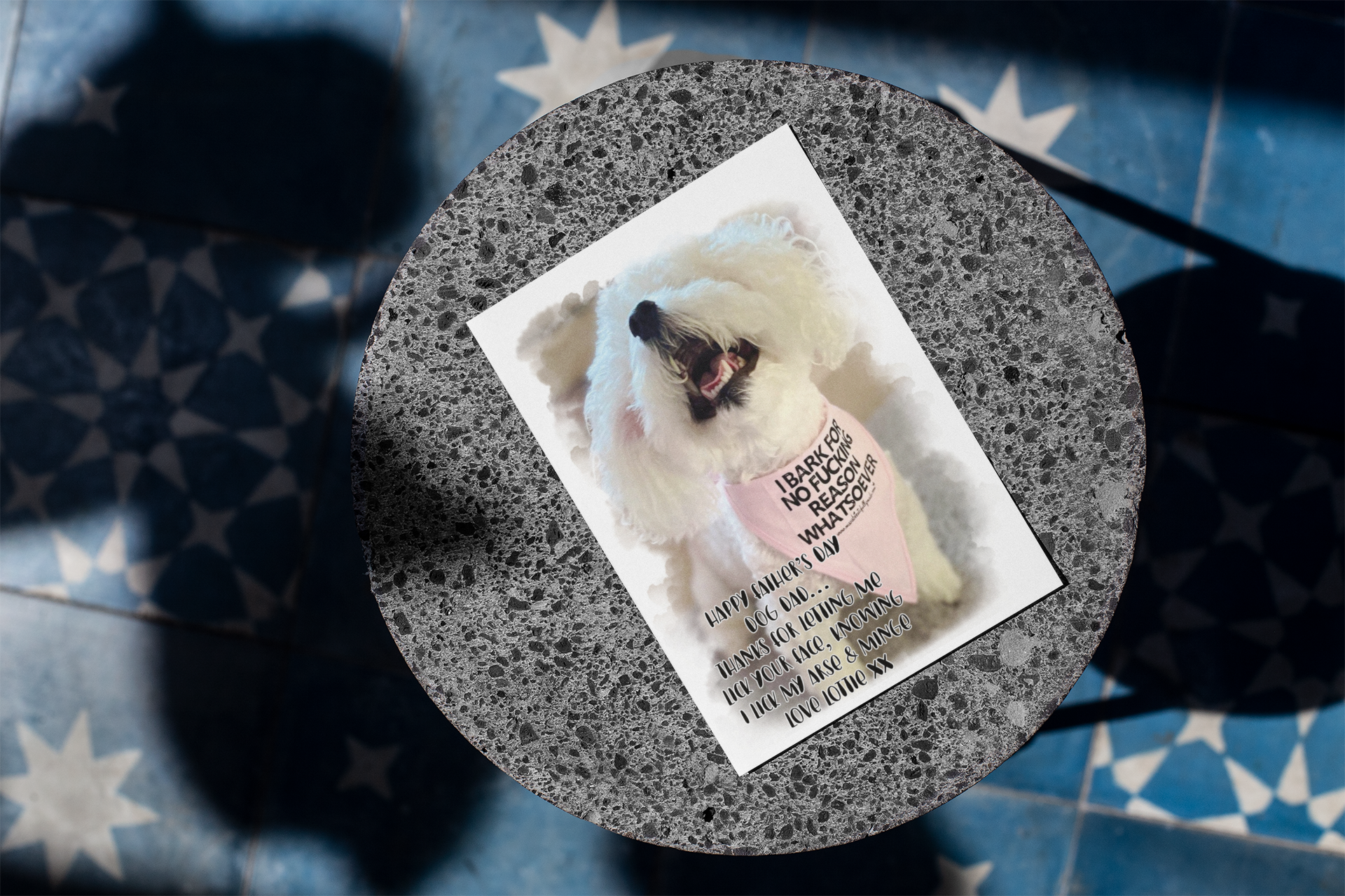 White greetings card with a personalised photo of a dog. It features a funny message to the bottom which reads 'happy father's dog dad... Thank you for letting me lick your face knowing i lick my arse & minge'.