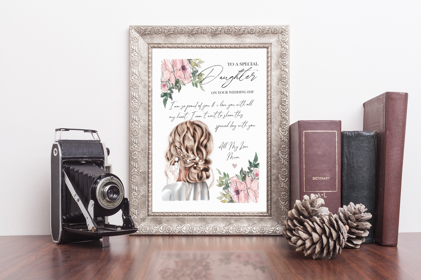 Wedding print for a daughter with a bride on the front surrounded by a pink floral design. The wording reads to a special daughter' and has a custom message below in a lovely handwritten font.