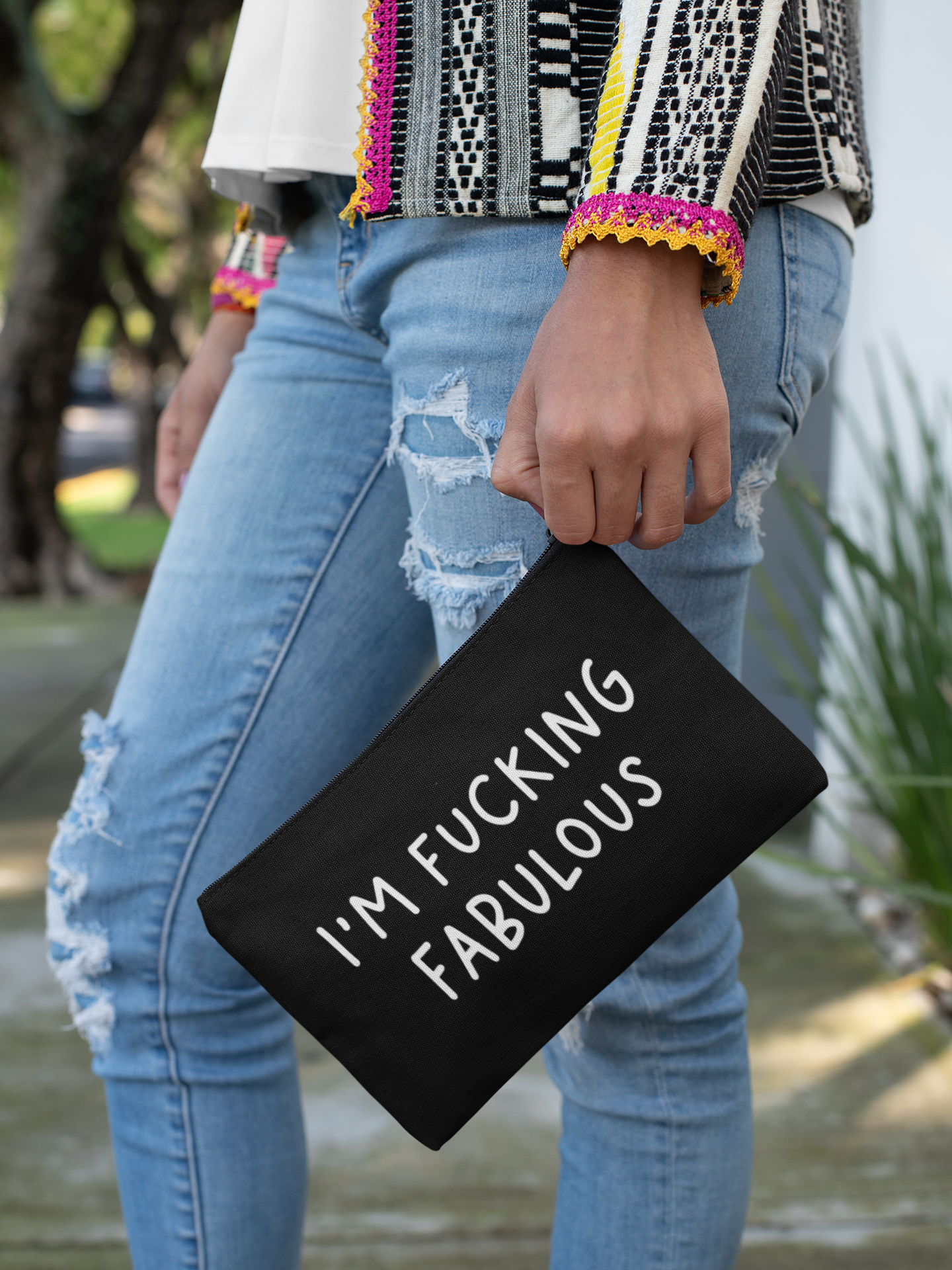 Black make up bag with the quote 'i'm fucking fabulous' to the front in white text