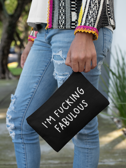 Black make up bag with the quote 'i'm fucking fabulous' to the front in white text