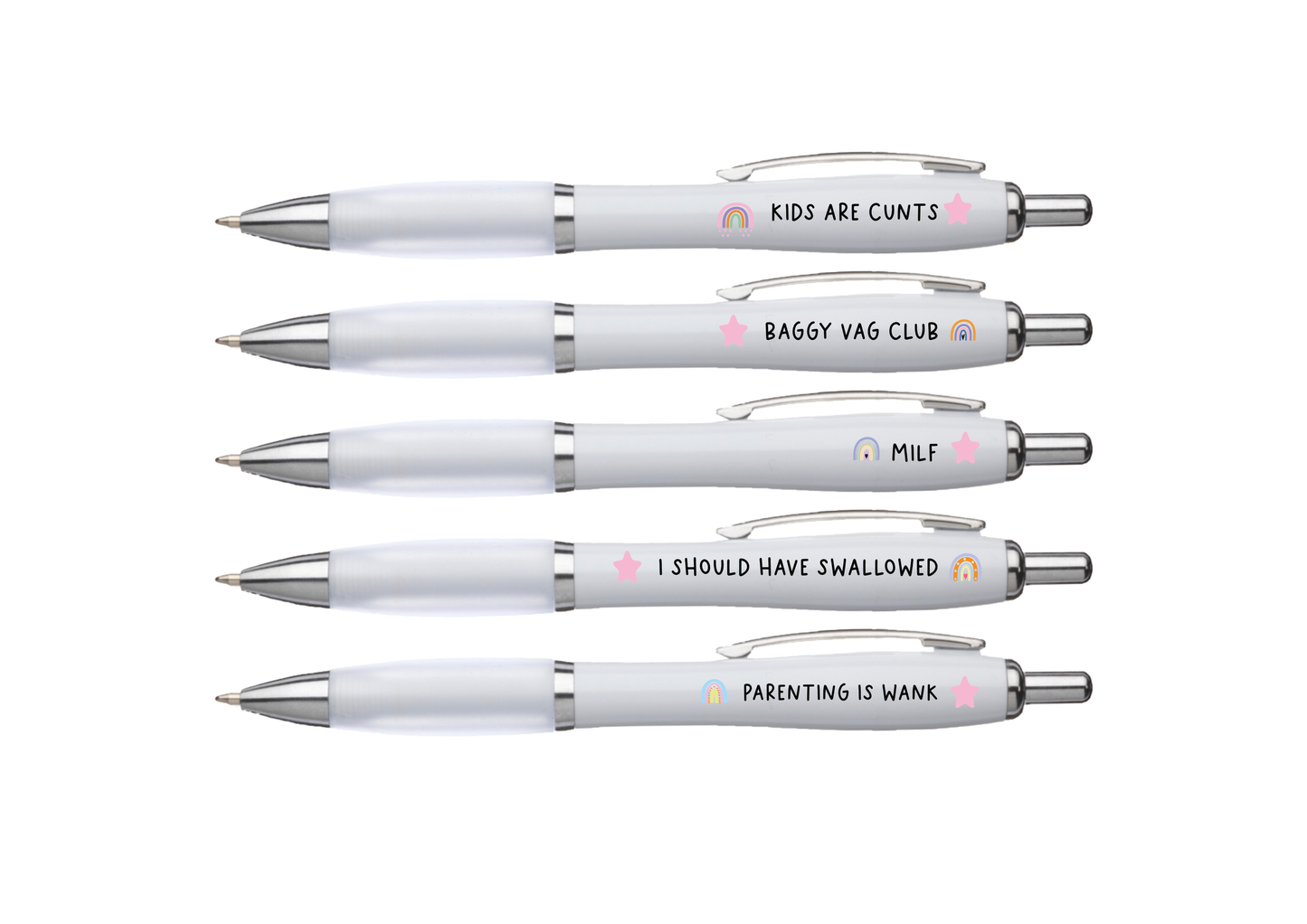 5 pack of white barrel pens featuring funny mum quotes such as 'baggy vag club, milf & i should have swallowed'. Printed in black in with colourful little hearts & rainbows surrounding the text.