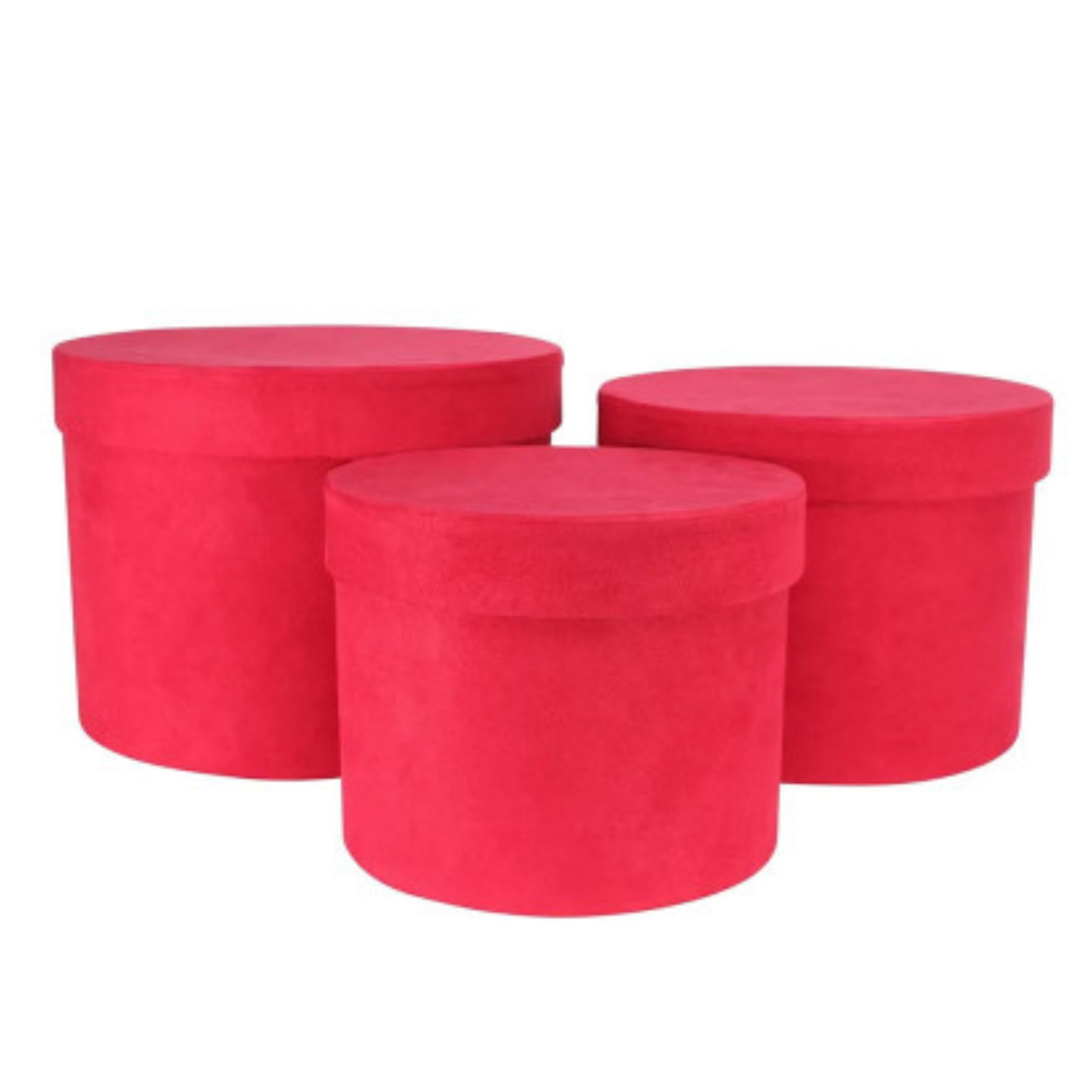 A stack of round red velvet gift boxes.