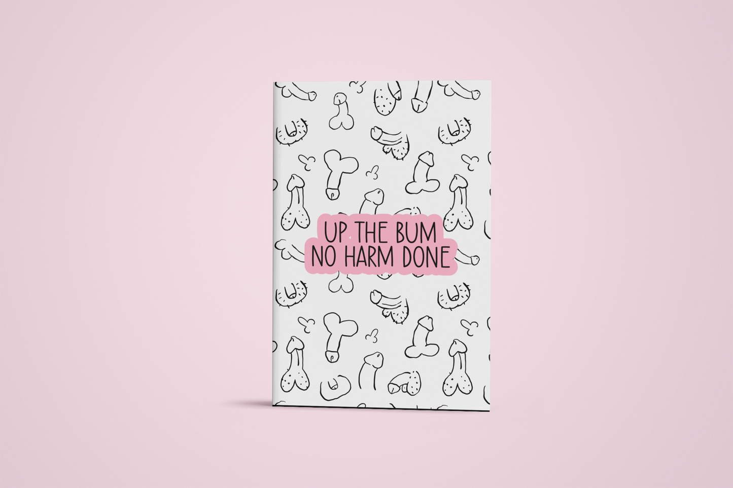 A white A5 notebook featuring a fun willy design print to the front. Over the print is a funny quote 'up the bum, no harm done', printed in black & pink ink. The notebook is folded & stapled, containing 40 plain pages.