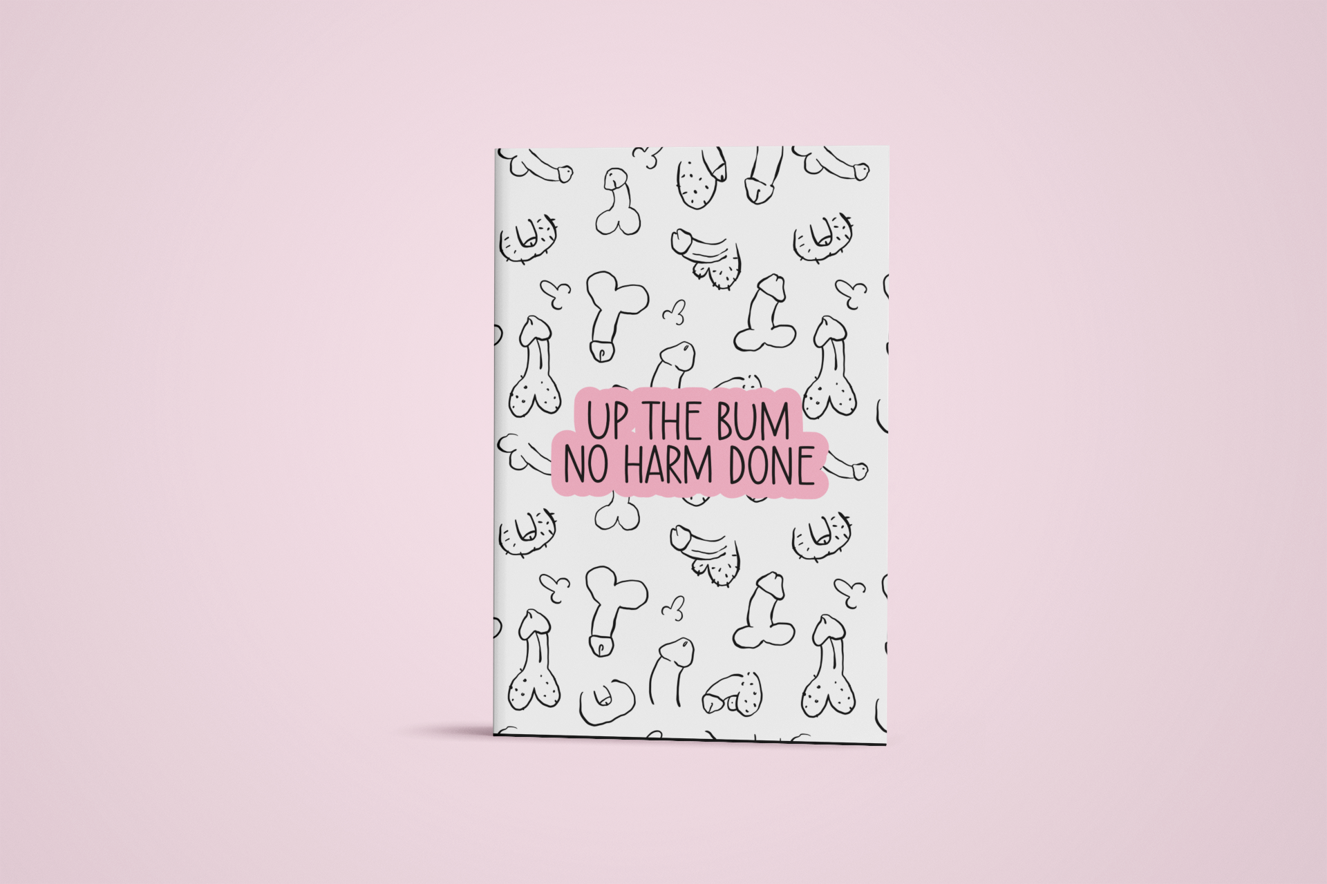 A white A5 notebook featuring a fun willy design print to the front. Over the print is a funny quote 'up the bum, no harm done', printed in black & pink ink. The notebook is folded & stapled, containing 40 plain pages.